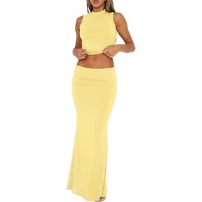 2 قطعة تنورة مجموعات للنساء الصيف أكمام تانك المحاصيل الأعلى أضعاف أكثر Bodycon ماكسي التنانير الطويلة Y2K عطلة وتتسابق in Kuwait