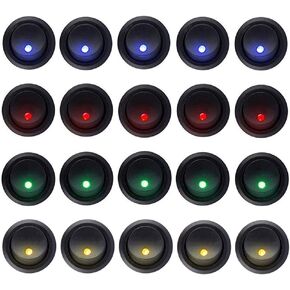 20pcs 5Blue+5Red+5Green+5Orange Rocker Dot LED Light Round Toggle Switch Spst On-Off Control for Car,Truck, Race Cars, RV's, Marine, Heavy Duty Trucks, Off Road Vehicles, ATV's