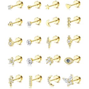 BESTEEL 20PCS Small Hypoallergenic Flat Back Stud Earrings for Women Men Surgical Steel Silver Gold Cartilage Stud Earrings Tiny Ball Heart Star Stud Earrings Set for Multiple Piercing 20G