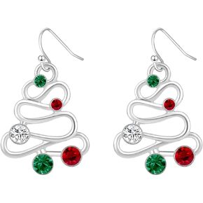 RareLove Red Green CZ Rhinestone Hollow Christmas Tree Dangle Christmas Earrings for Women Alloy Silver Plated, Holiday Earrings, Cute Earrings,Christmas Costume Jewelry