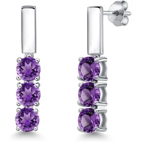 Gem Stone King 5MM Round Gemstone Birthstone Drop Dangle 3-Stone Earrings For Women | 925 Sterling Silver | Three Stone Fine Jewelry Gifts for Her Mom Women Wife