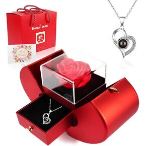 Preserved Real Rose with I love you Necklace 100 Languages, Gifts for Girlfriend, Women, Mom, Wife, Gifts Idea on Christmas, Valentine's Day, Mother's Day, Birthday, Anniversary, Thanksgiving
