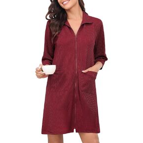 SWOMOG Women Zipper Robes Waffle Bathrobes Short Lightweight Knee Length Housecoat with Pockets S-XXL
