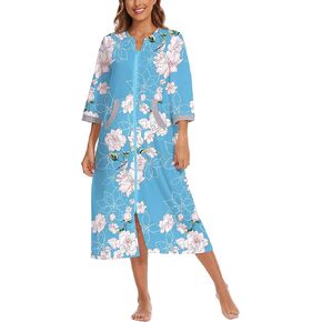 Women 3/4 Sleeve Housecoats Long Bathrobe House Dress with Pockets, Blue Flower, X-Large