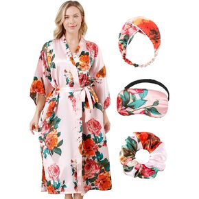 Women Long Silky Robes Set with Hair Band Eye Mask Hair Ring Bride Bridesmaid Bridal Party Loungewear