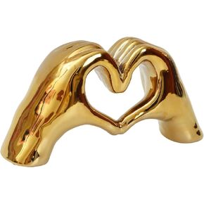 GDYOOSHOW Golden Heart Hand Statue Home Decoration Love Gesture Sculpture Ceramic Figure Perfect for Room Shelf Coffe Table Decor Wedding Birthday Father's or Valentine's Day Gifts (Gold)
