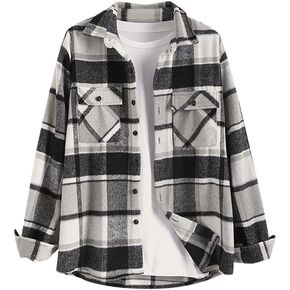 ZAFUL Men's Unisex Plaid Shirt Casual Flannel Jacket Button Down Long Sleeve Pocket Shirt Tops Coat Outwear