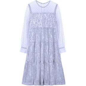 Girls Sequin Dress with Mesh Long Sleeves Sparkling Graduation Party Tulle Dress