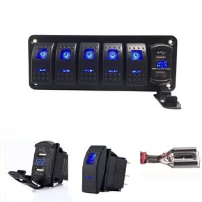 Switchtec 2 3 5 7 Gang Rocker Switch Aluminum Panel with 4.8 Amps Dual USB Rocker Style Fast Charger with Voltmeter, Blue Backlit Led, Pre-Wired for Marine, Boat, Car, Truck
