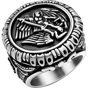 Saints Michael Ring for Men, 18K Gold/Black Plated, The Great Protector Archangel Defeating Satan Figurine Stainless Steel Amulet Rings, Size 7-12, Send Gift Box