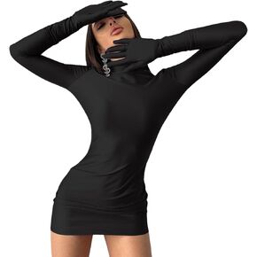 Women's Sexy Turtleneck Mini Dress with Gloves Long Sleeve Bodycon Dress Party Festival Outfit Clubwear