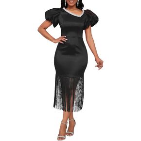 VERWIN Puff Sleeve Bodycon Dress Fringe Maxi Dress V Neck Tiered Tassels Short Sleeve Prom Dress
