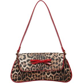 Women's Leopard Print Bow Shoulder Bag Flap Leather Purse Y2k Elegant Underarm Bag