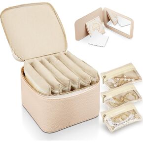 Travel Jewelry Case Organizer,Small Jewelry Box Jewelry Organizer,Mini Jewelry Travel Case,Leather Travel Jewelry Organizers and Storage with 6 Portable Jewelry Bags &Mirror&Jewelry Cloth