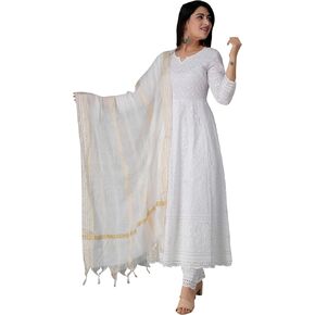 JG JAI GOVINDAM Chikankari Cotton Anarkali Indian Kurti For Women Summer Dress Kurta Pant With Dupatta Set Pakistani Kurta