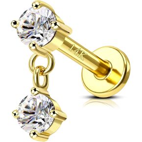 COCHARM 14K Gold Helix Cartilage Tragus Earring Stud Dangle CZ 16g Flat Back Yellow Gold Cartilage Helix Tragus Piercing Jewelry Dangling Internally Threaded Real Gold Cartilage Stud Jewelry 14K Gold