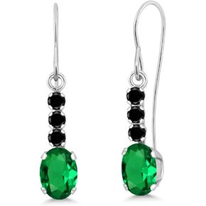 Gem Stone King 10K White Gold Green Nano Emerald and Black Diamond Drop Dangle Earrings For Women (1.00 Cttw, Gemstone May Birthstone, Oval 6X4MM)