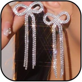 Rhinestone Bow Earrings Trendy Long Tassel Pink Bow Earrings for Women Wedding Bridal Earrings Party Silver Prom Earrings for Birthday Jewelry Gifts