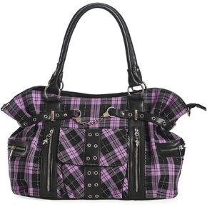 Lost Queen Rise Up Handcuff Goth Punk Rock Black and Purple Plaid Tartan Tote Crossbody Bag Women's Purse
