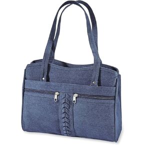 Braided Trim Denim Bag, Soft Jean Handbag for Women, Casual Purse with Multiple Pockets, Crossbody Shoulder Strap, Two Top Handles