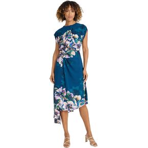 Maggy London Midi Sleeveless with Ruched Waist, Asymmetric Ruffle Hem, Floral Dress for Women