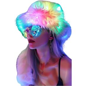 Women Teen Warm Winter Hat Rainbow Fluffy Furry Plush Faux Fur Hats Smart LED Light Up Fishing Hat Bucket Hats