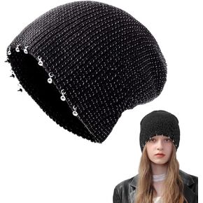 Trendy Knitted Beanie for Women, Skull Cap with Decorative Beads, Watch Cap Soft Knit, Reflective Beanie Hat Black