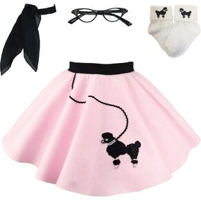 Hip Hop 50's Shop 1950s Toddler Poodle Skirt with Scarf, Bobby Socks, and Glasses, 4 Piece Halloween Pretend Play Costume Set
