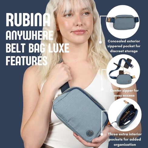 Rubina Anywhere Belt Bag LUXE | Crossbody Bag for Women | Unisex Hip Waist Pack for Hiking, Workout, Running, Traveling, Festivals | Chest Bag | Adjustable Strap | Metal Buckle (Blue Jeans) in Kuwait