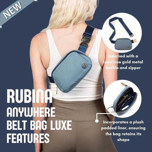 Rubina Anywhere Belt Bag LUXE | Crossbody Bag for Women | Unisex Hip Waist Pack for Hiking, Workout, Running, Traveling, Festivals | Chest Bag | Adjustable Strap | Metal Buckle (Blue Jeans) in Kuwait