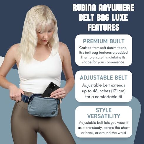 Rubina Anywhere Belt Bag LUXE | Crossbody Bag for Women | Unisex Hip Waist Pack for Hiking, Workout, Running, Traveling, Festivals | Chest Bag | Adjustable Strap | Metal Buckle (Blue Jeans) in Kuwait