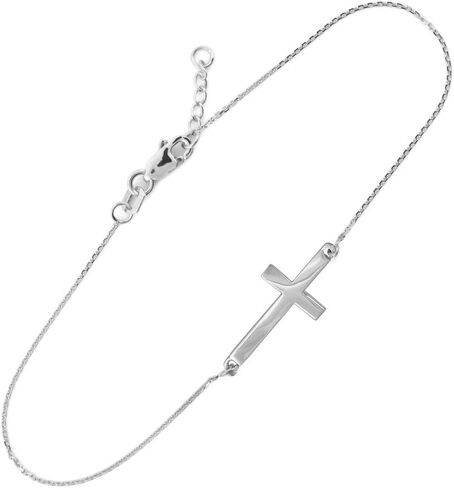 14K White Gold Sideways Cross Crucifix Christian Rolo Chain Bracelet with Lobster Claw Clasp - Adjustable 7-1/2" with 1/2" Extender in Saudi Arabia
