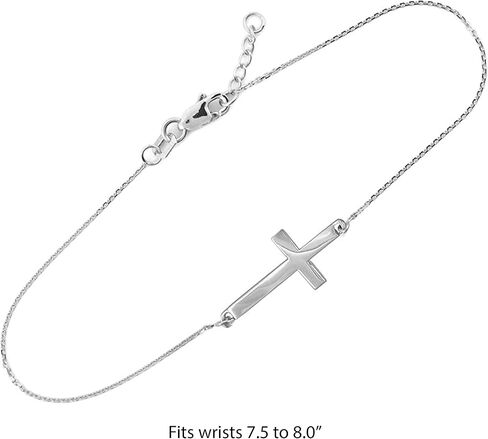 14K White Gold Sideways Cross Crucifix Christian Rolo Chain Bracelet with Lobster Claw Clasp - Adjustable 7-1/2" with 1/2" Extender in Saudi Arabia