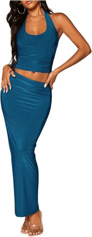 MakeMeChic Women's 2 Piece Outfit Summer Halter Crop Tank Tops and Ruched Pencil Maxi Long Skirts Sets in Saudi Arabia