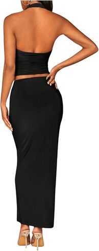 MakeMeChic Women's 2 Piece Outfit Summer Halter Crop Tank Tops and Ruched Pencil Maxi Long Skirts Sets in Saudi Arabia