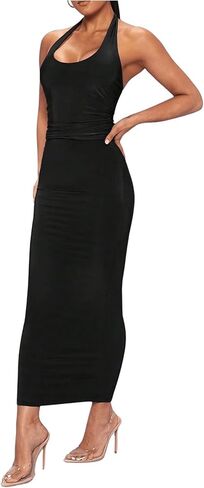 MakeMeChic Women's 2 Piece Outfit Summer Halter Crop Tank Tops and Ruched Pencil Maxi Long Skirts Sets in Saudi Arabia
