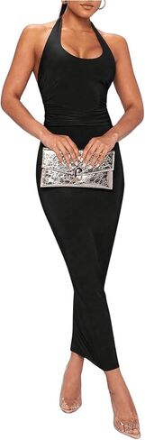 MakeMeChic Women's 2 Piece Outfit Summer Halter Crop Tank Tops and Ruched Pencil Maxi Long Skirts Sets in Saudi Arabia