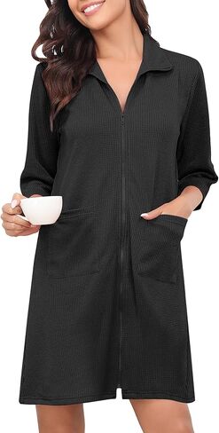 SWOMOG Women Zipper Robes Waffle Bathrobes Short Lightweight Knee Length Housecoat with Pockets S-XXL in Kuwait