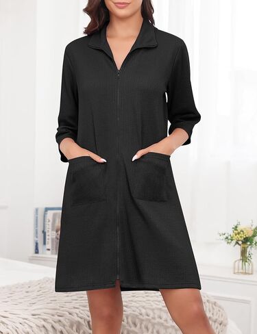 SWOMOG Women Zipper Robes Waffle Bathrobes Short Lightweight Knee Length Housecoat with Pockets S-XXL in Kuwait