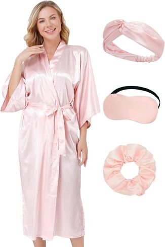 Women Long Silky Robes Set with Hair Band Eye Mask Hair Ring Bride Bridesmaid Bridal Party Loungewear in Kuwait