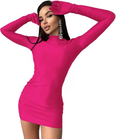 Women's Sexy Turtleneck Mini Dress with Gloves Long Sleeve Bodycon Dress Party Festival Outfit Clubwear in Kuwait