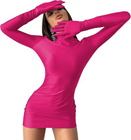Women's Sexy Turtleneck Mini Dress with Gloves Long Sleeve Bodycon Dress Party Festival Outfit Clubwear in Kuwait