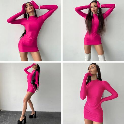 Women's Sexy Turtleneck Mini Dress with Gloves Long Sleeve Bodycon Dress Party Festival Outfit Clubwear in Kuwait