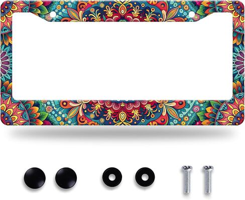 Boho License Plate Frame Beautiful Mandala Flowers License Plate Stainless Steel Funny License Plate Holder Hippie Car Accessories Decoration with 2 Screws Fits Standard Vehicles Size 12.3" x 6.3" in Kuwait