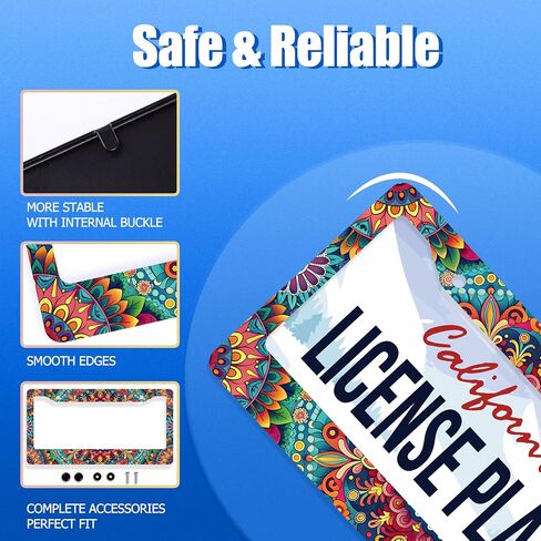 Boho License Plate Frame Beautiful Mandala Flowers License Plate Stainless Steel Funny License Plate Holder Hippie Car Accessories Decoration with 2 Screws Fits Standard Vehicles Size 12.3" x 6.3" in Kuwait