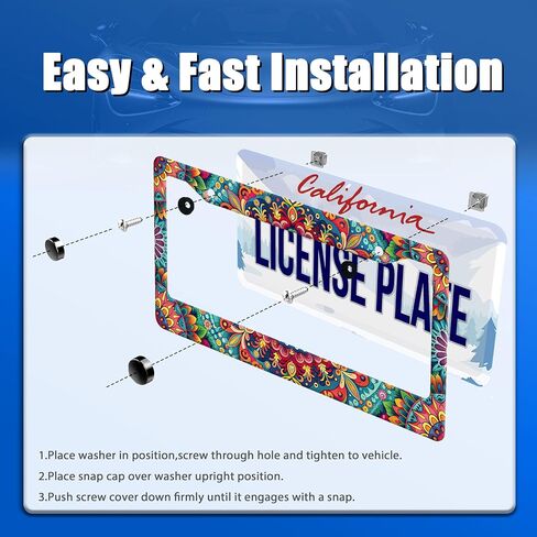 Boho License Plate Frame Beautiful Mandala Flowers License Plate Stainless Steel Funny License Plate Holder Hippie Car Accessories Decoration with 2 Screws Fits Standard Vehicles Size 12.3" x 6.3" in Kuwait