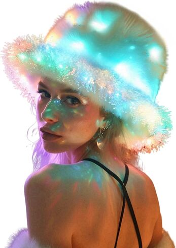 Women Teen Warm Winter Hat Rainbow Fluffy Furry Plush Faux Fur Hats Smart LED Light Up Fishing Hat Bucket Hats in Saudi Arabia
