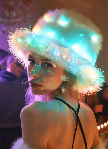 Women Teen Warm Winter Hat Rainbow Fluffy Furry Plush Faux Fur Hats Smart LED Light Up Fishing Hat Bucket Hats in Saudi Arabia