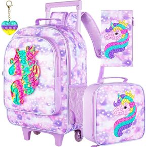 gxtvo Girls Rolling Mermaid Bookbag, Kids Roller Wheeled Bookbag - Wheeled Elementary School Bag - 3PCS Purple