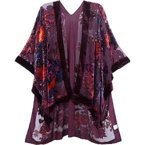 WeHello Women's Burnout Velvet Kimono Long Cardigan Cover Up Without Tassel (Wine/Bord)…